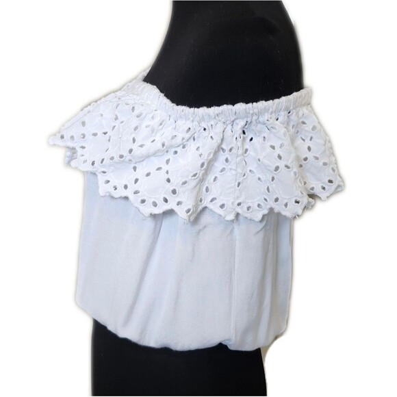 Sim & Sam 100% Rayon, White, Off The Shoulder, Eyelet Ruffle, Crop Top, L - Picture 2 of 6